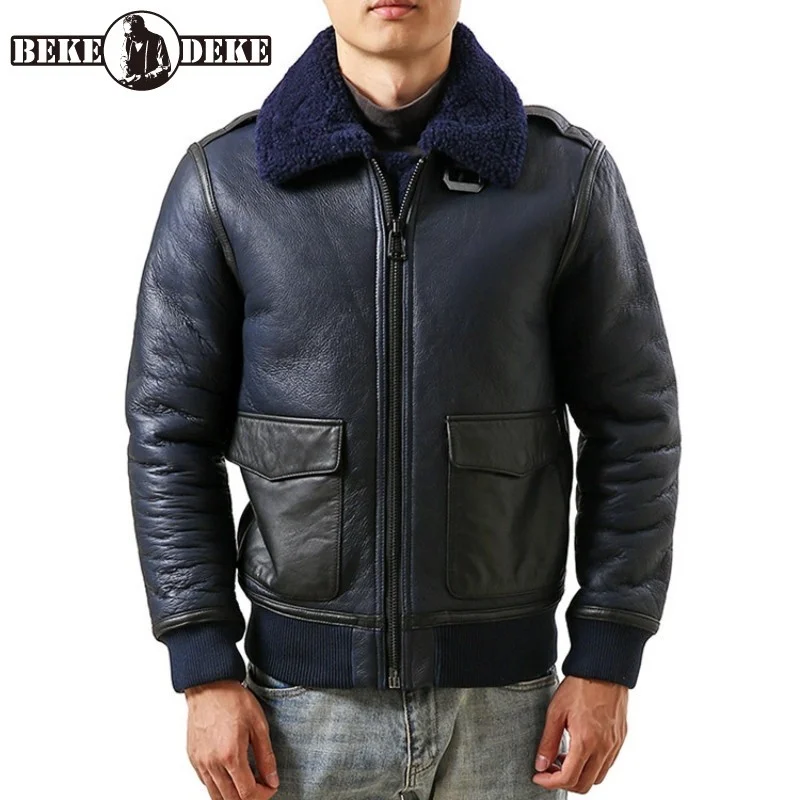 

Luxury Shearling Flight Jacket Men Winter Lapel Casual Real Fur Short Coat Warm Zip Slim Thick Outerwear S-3XL Dark Blue