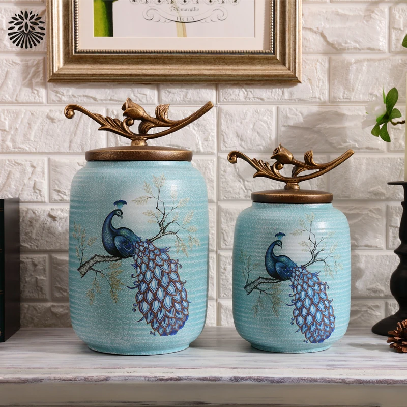 

Peacock Retro Ceramic Storage Tank Household Items American Wine Cabinet Decoration European Style Living Room Porch Decoration
