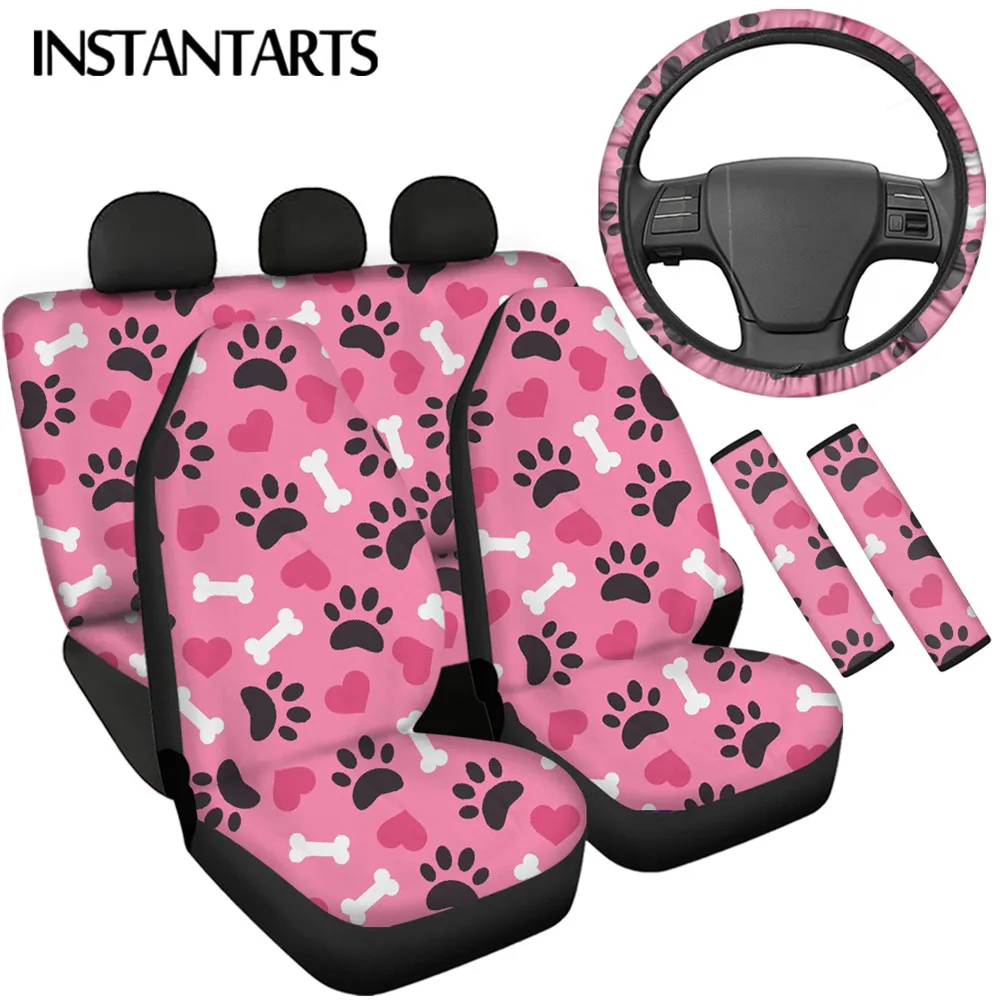 

INSTANTARTS Lovely Paw Design Anti-Slip Front&Rear Car Seat Cushion Sturdy Car Steering Wheel Cover Soft Safety Belt Cover Pads