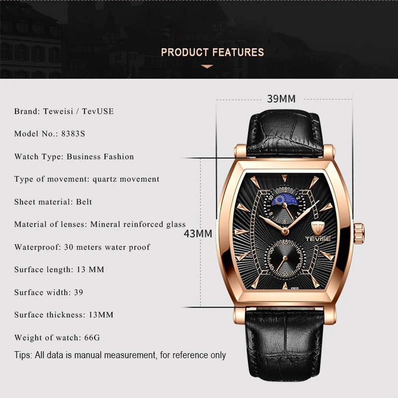 TEVISE 8383S мужские часы Moon Phase настоящие водонепроницаемые кварцевые часы с кожаным ремешком Мужские повседневные наручные часы Relogio Masculino