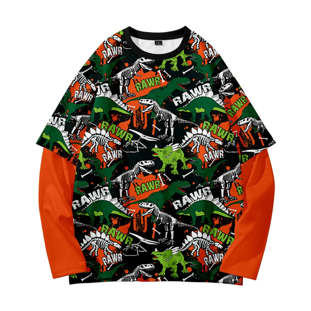 

Color dinosaur stitching retro trend casual spring and autumn fake two-piece round neck sweater