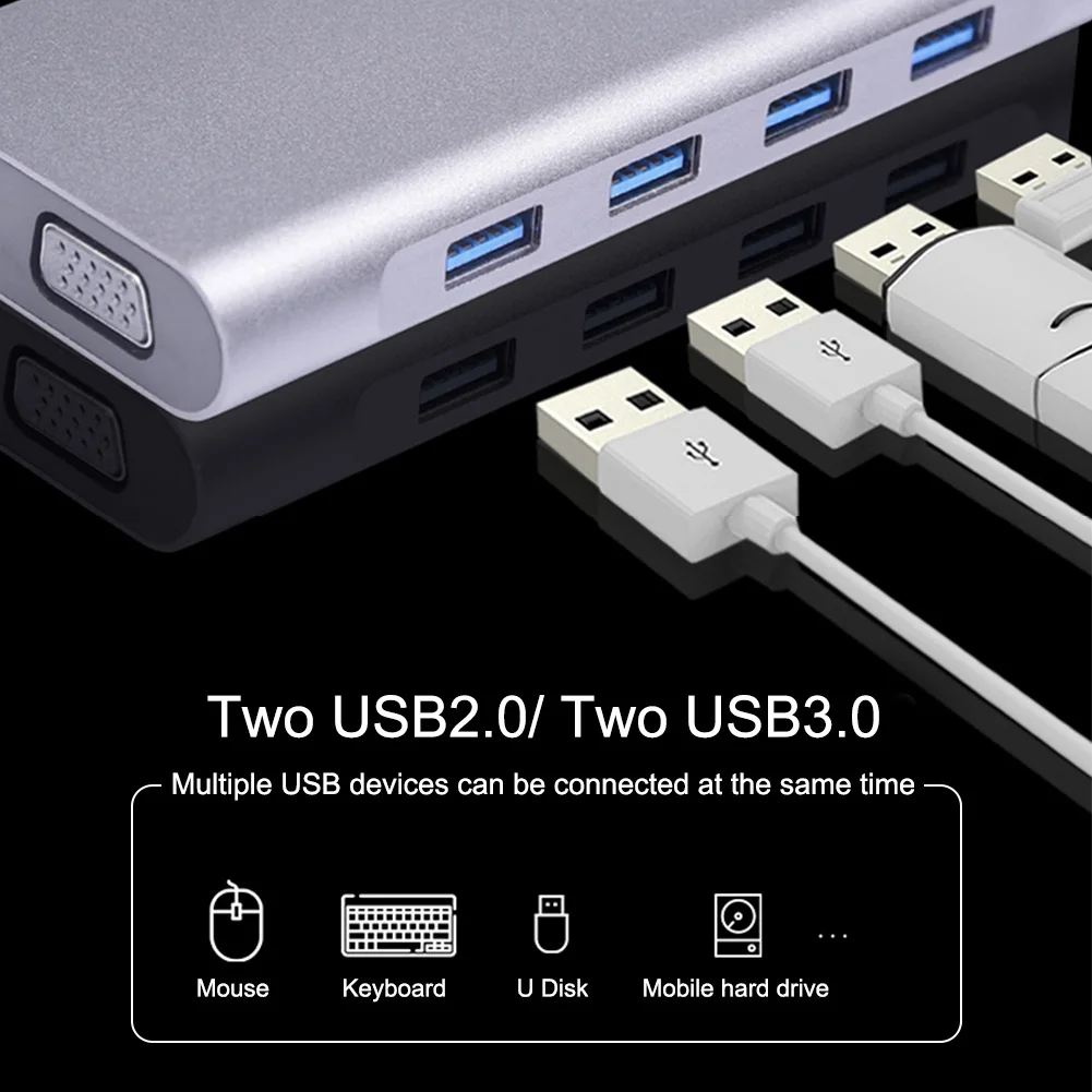 

11 In 1 PD Audio Gigabit Ethernet Laptops 4K Aluminum Alloy RJ45 USB C Hub Adapter Card Reader VGA Docking Station Type-c
