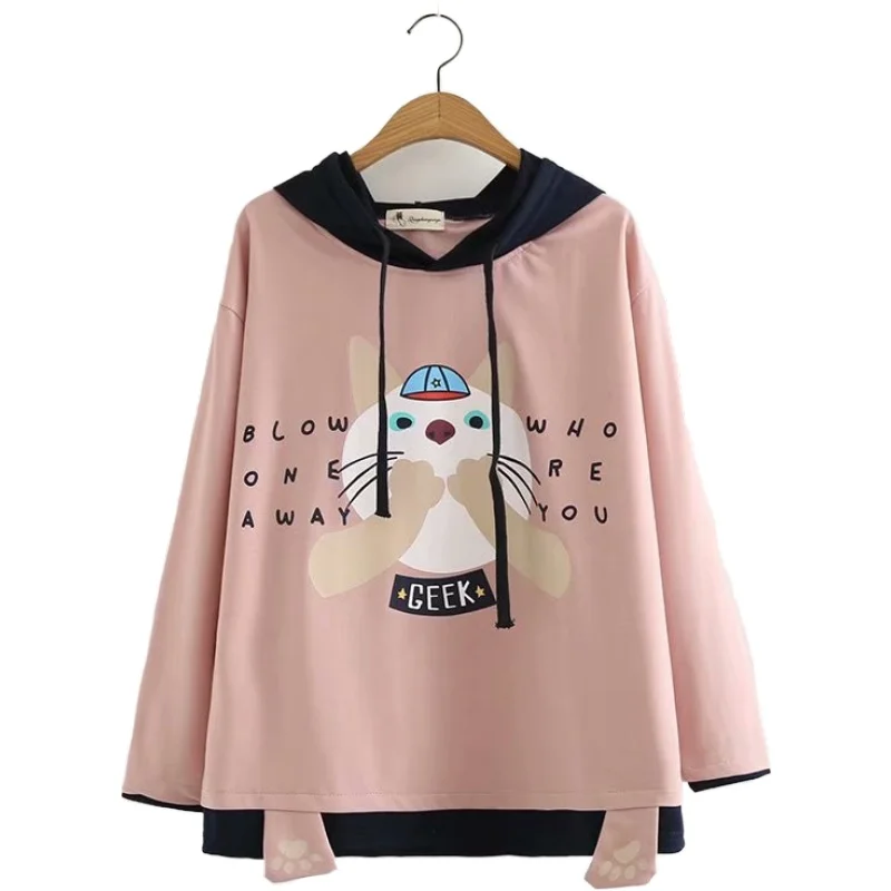 

MERRY PRETTY Harajuku Hooded Sweatshirts 2018 Autumn Women Long Sleeve Patchwork Pullovers Femme Cute Cartoon Cat Print Hoodies