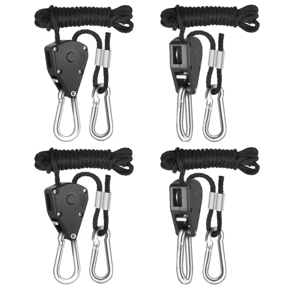 4pcs 1/8 Inch 8Feet Long Heavy Duty Adjustable Rope Clip Hanger for Grow Light Kit Hanging Ratchet Canoe Bow Stern Tie Down
