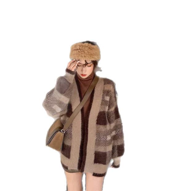 Толстый легко сочетающийся свободный свитер пальто клетчатый кардиган |