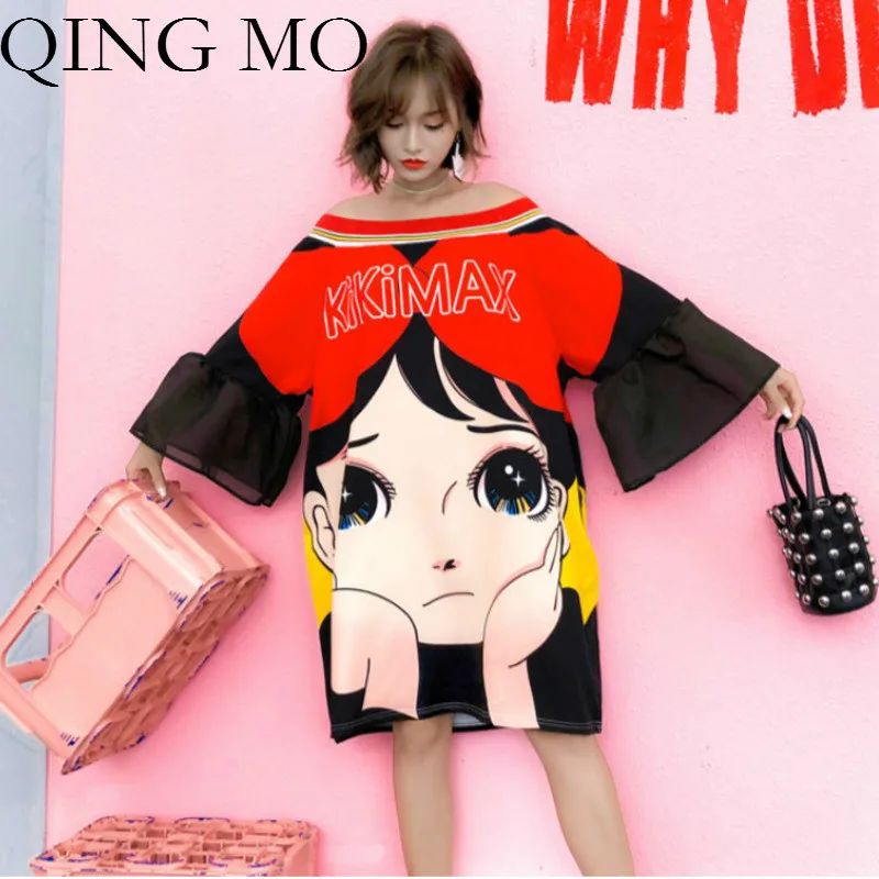 Женское платье рубашка с воротником лодочкой QING MO красное рисунком черное