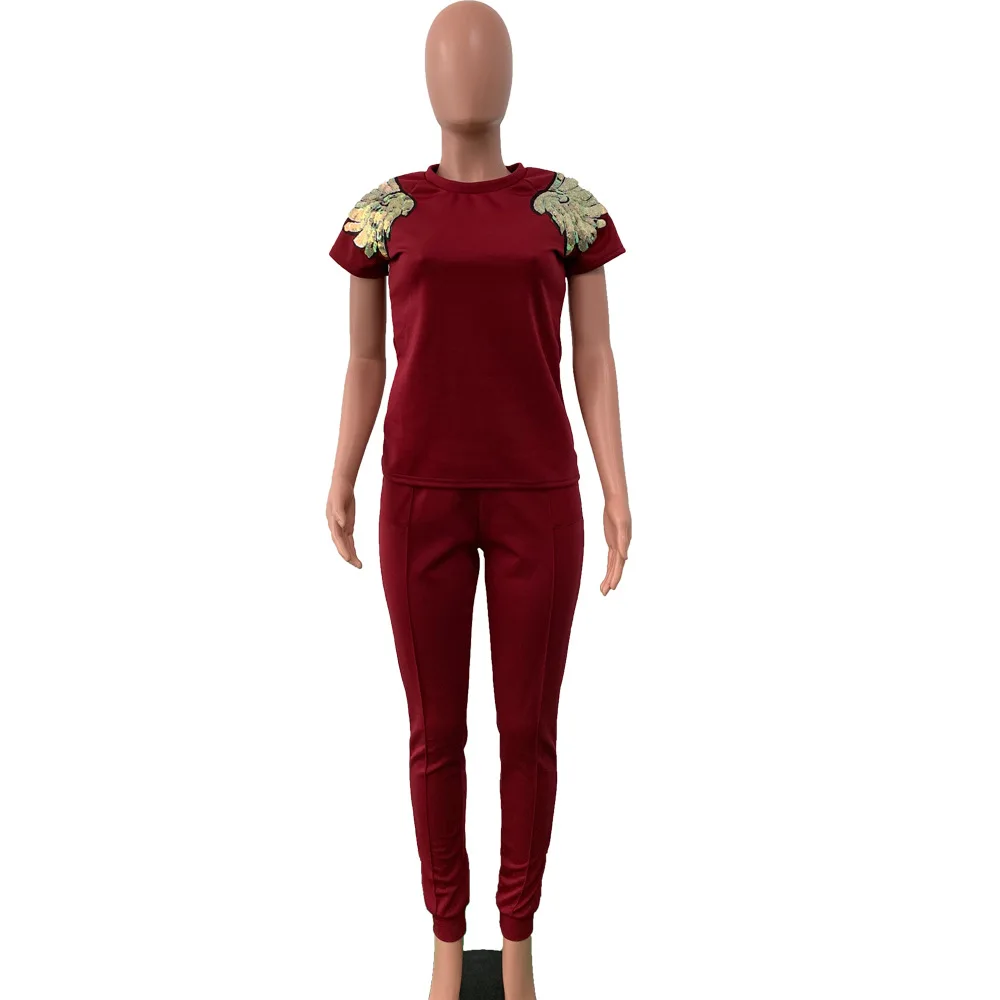 Женский костюм двойка с блестками Повседневная летняя футболка круглым вырезом