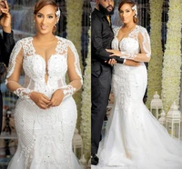plus size lace beads mermaid wedding gowns sheer neck illusion long sleeve appliques vintage sexy arabic african bridaldresses