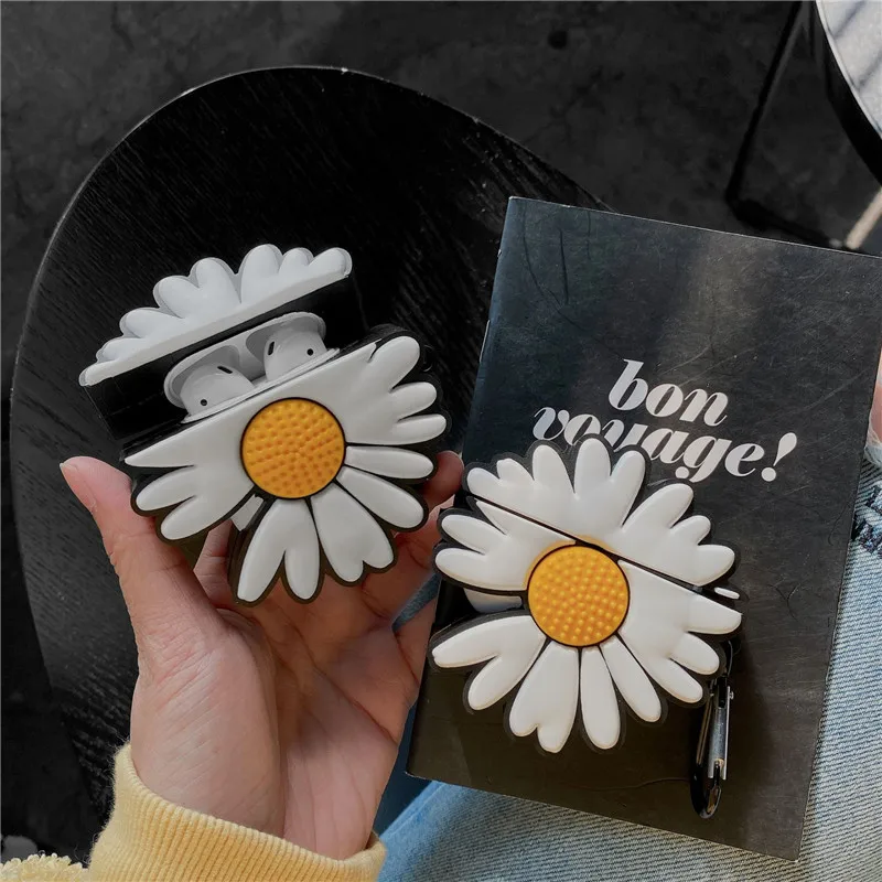 

For Airpods 2 Case 3D Daisy Sunflower Flower Soft Silicone Earphone Cases For Apple Airpods Case Cute Cover Funda + Ring