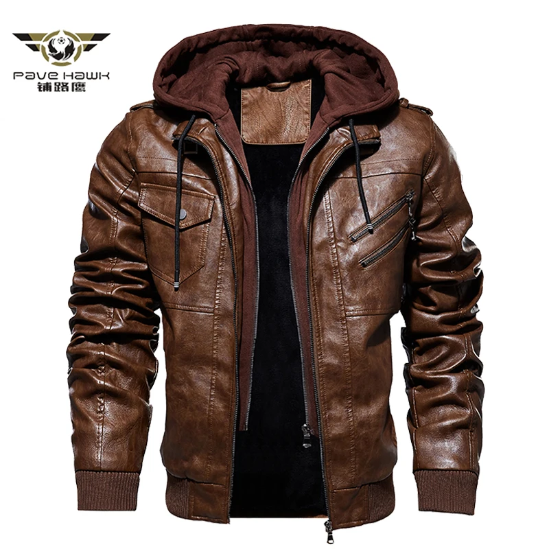 Men's Winter Leather Jackets Business Casual Coat Motorcycle Biker Leather Jacket Hooded Zipper chaqueta cuero hombre
