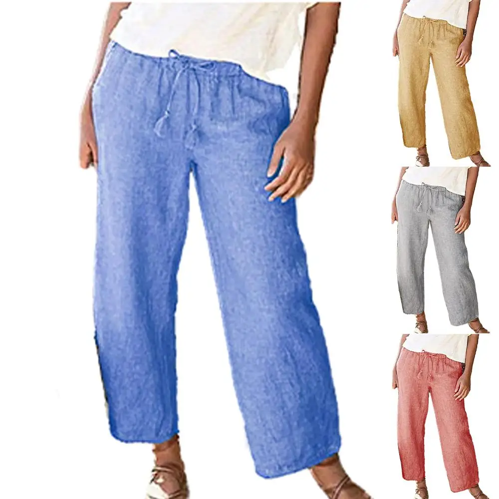 

Womens Lace Up Pants Cotton Linen Solid Color Summer Casual Long Trousers