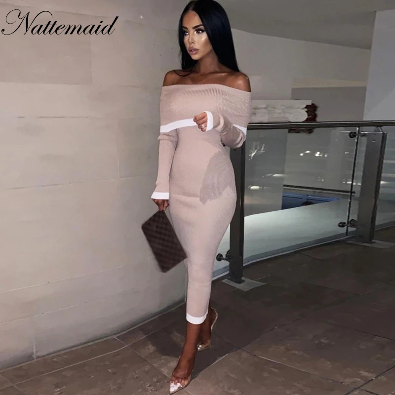 Женское вязаное платье с открытыми плечами NATTEMAID длинное облегающее вечерние