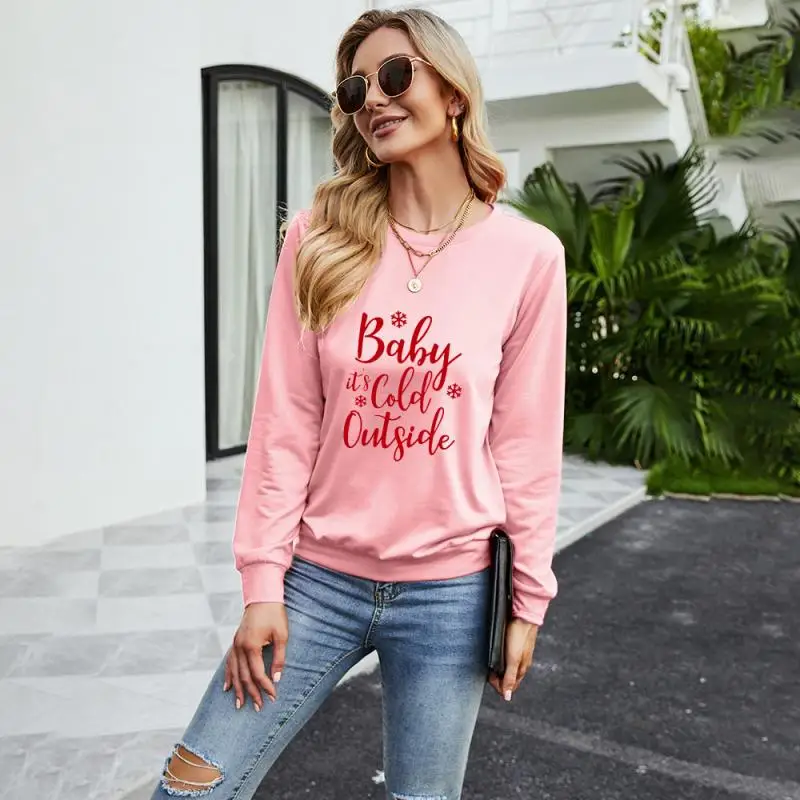 

2021 New Autumn Women's Long Sleeve T-Shirt Letter Print Round Neck Casual Loose Ladies Pullover Tops Solid Color Women Tee
