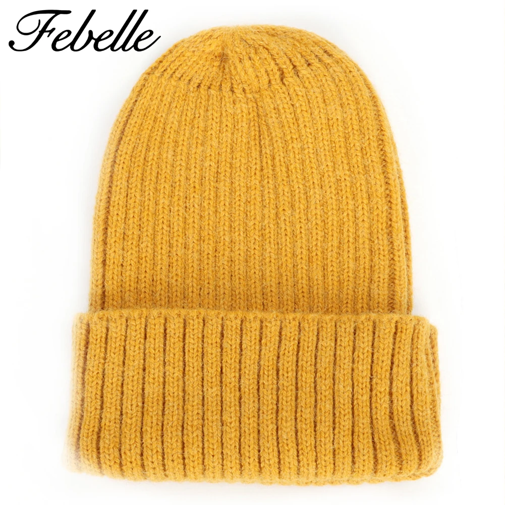 Зимняя шерстяная унисекс Шапка бини для женщин и мужчин Febelle вязаные однотонные