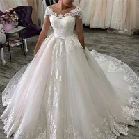 2022 scoops ball gown wedding dresses luxury applique court train short sleeves saudi arabia bride dresses hot sale