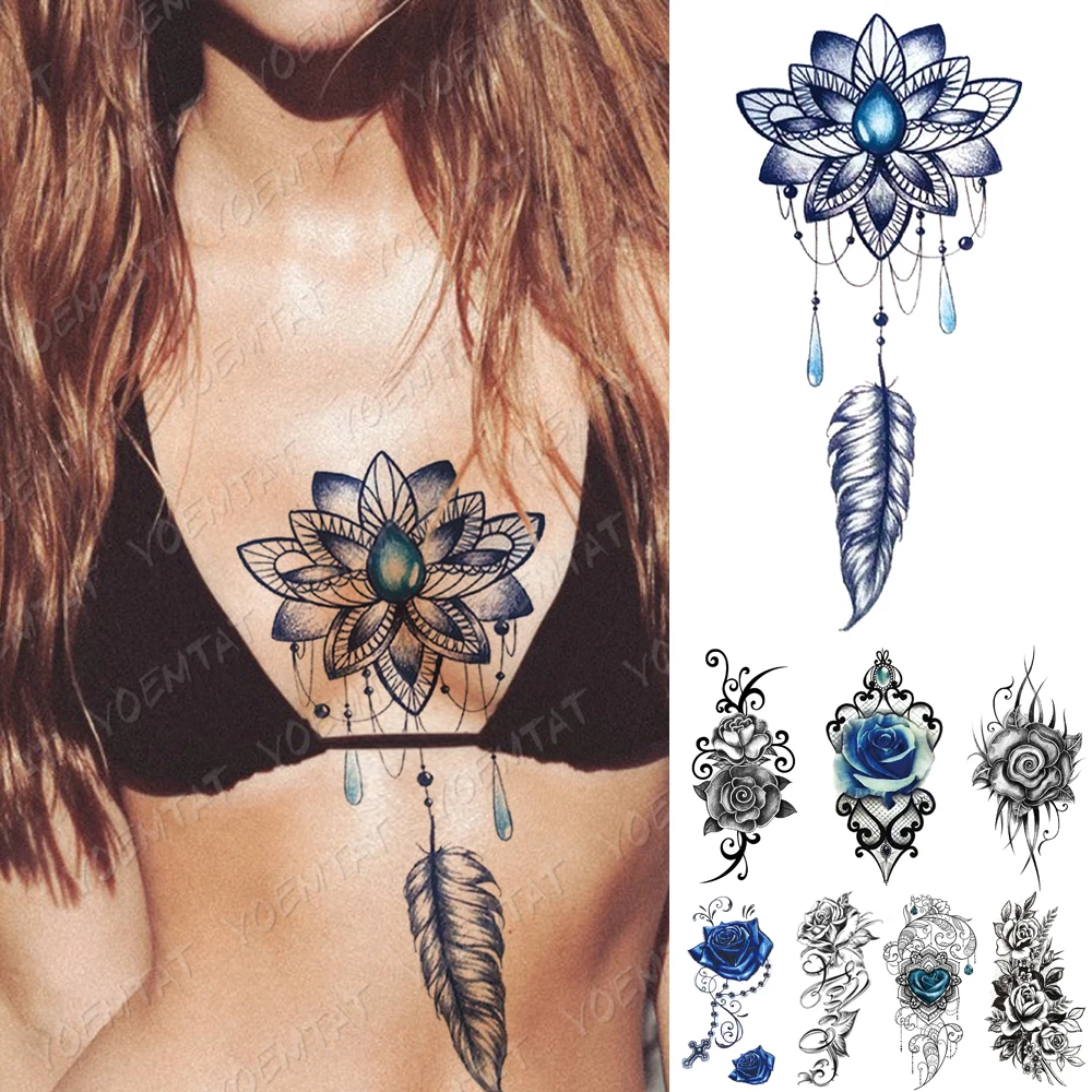 

Водостойкая Временная тату-наклейка с синим лотосом, перьями, нагрудными татуировками, тотемным цветком, боди-артом, на руку, имитация рукав...