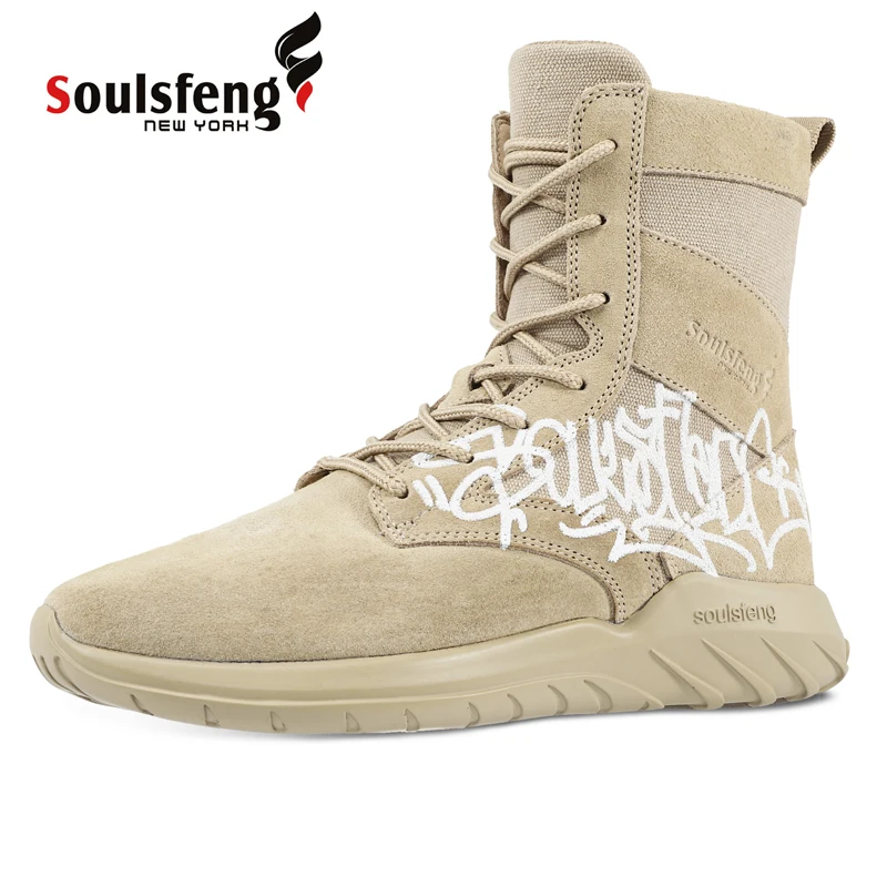 Soulsfeng   Plus Size High Top Sand Color Graffiti Desert Boots Men Non-Slip Lightweight Combat Boots Women Zipper Hiking Shoes
