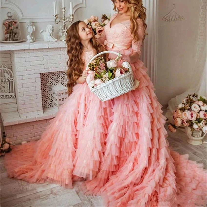 Фото Персиковые розовые многоярусные Свадебные Платья с цветочным рисунком для