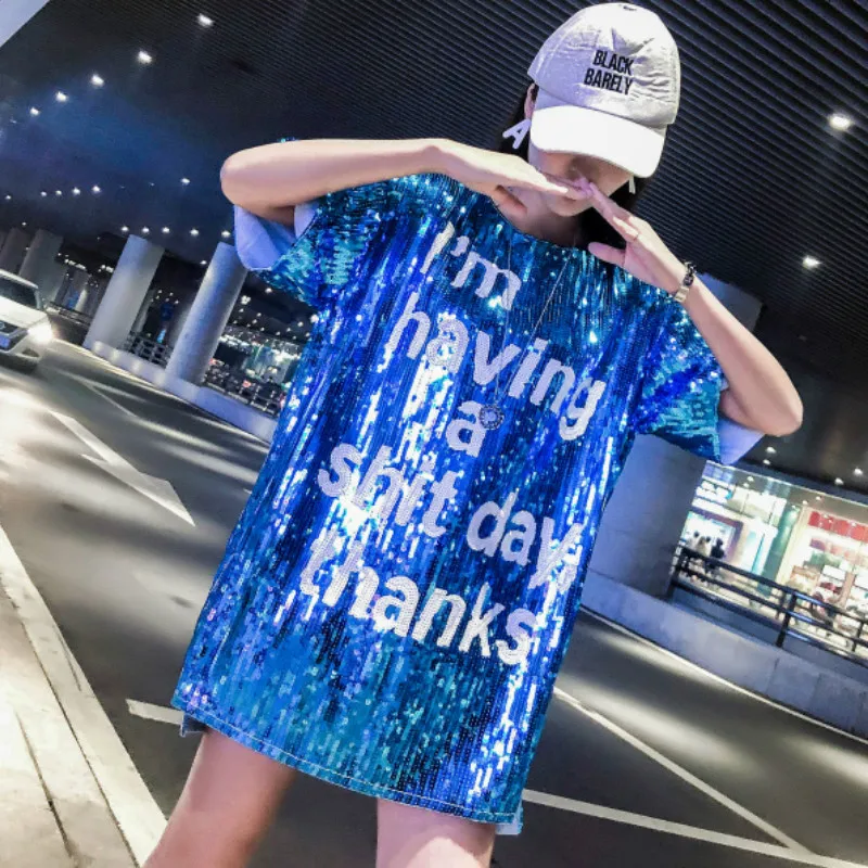 

Chic Woman Letters Sequins Oversized Long Tees Hiphop Mesh Spliced Beading Dance T-shirts Streetwear Loose Half Sleeve Crop Tops