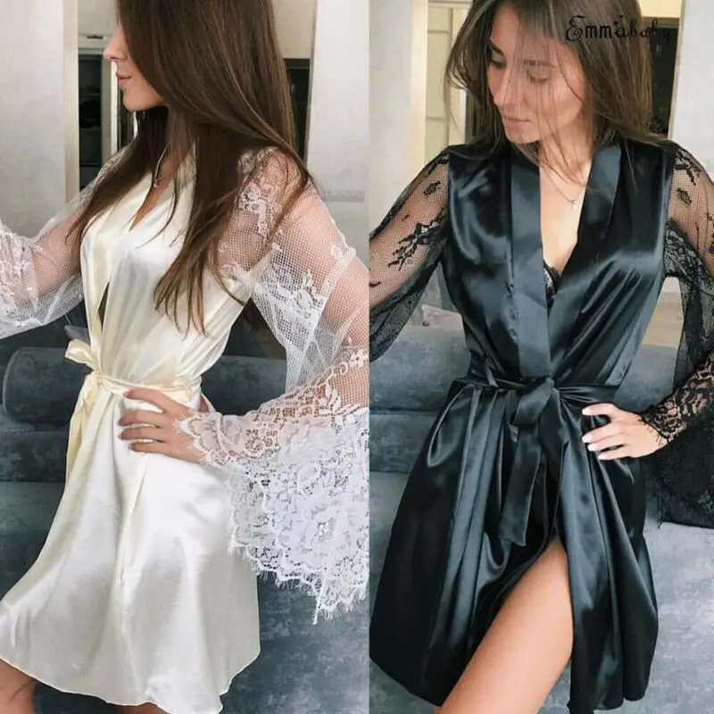 Women's Perspective Pajamas Sexy V-Neck Lace Mesh Nightdress Sleepwear Ladies Silk Robe Nightwear Nightgown |