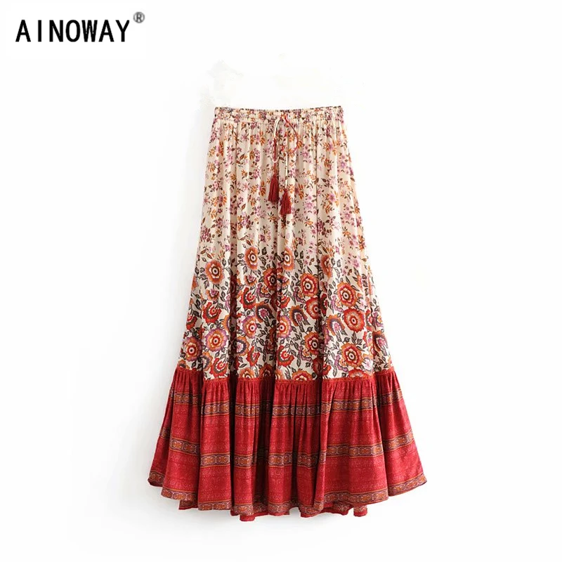 Женская винтажная юбка макси из вискозы с цветочным принтом и кисточками высокой