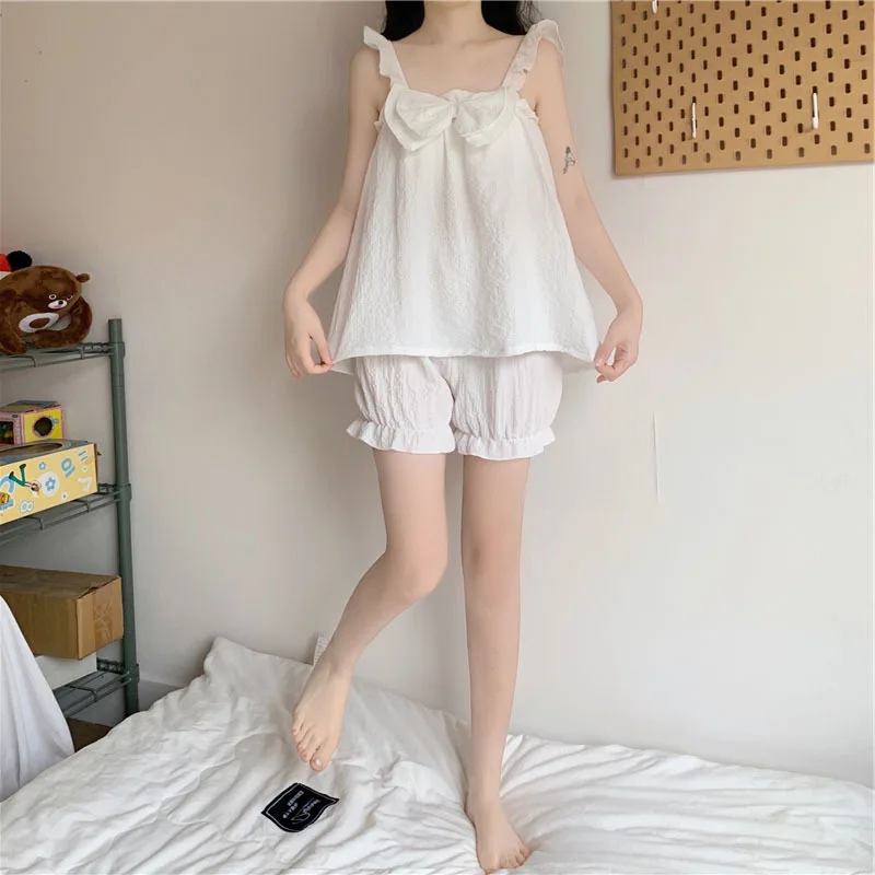 2021 Summer New Bow Sweet Lovely Women's Sling Pajamas Sets Ruffle Knickerbockers Home Suit Lady Sleepwear Female Nightwear