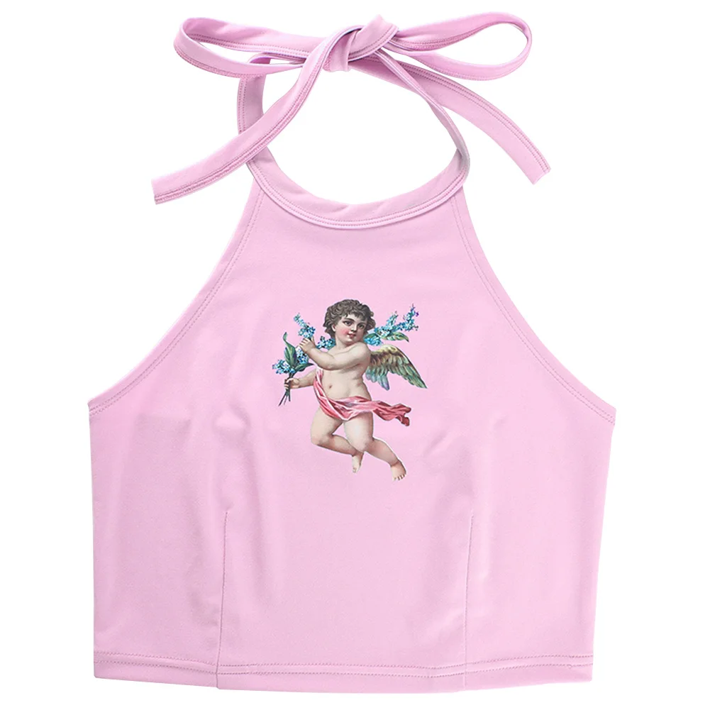 Летний короткий тонкий женский укороченный топ с открытой спиной жилет принтом