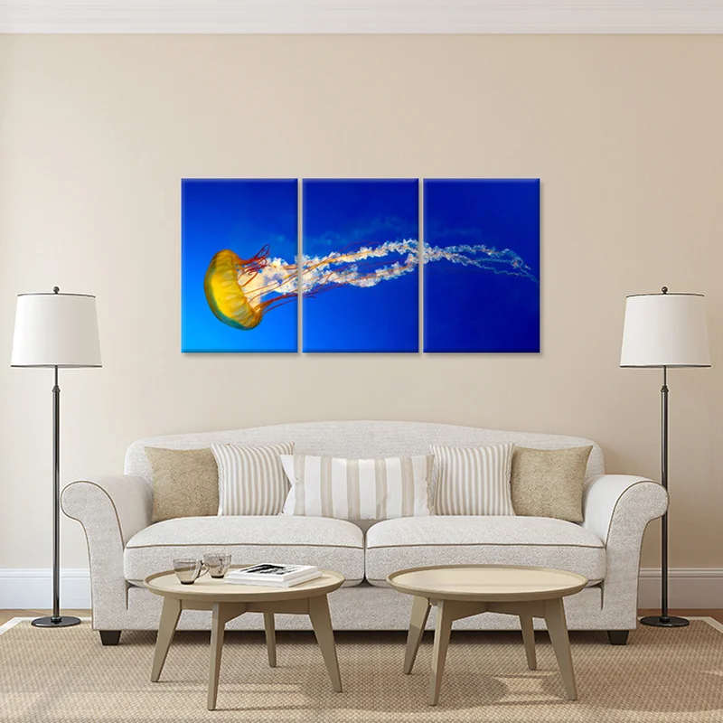 

Animal Canvas Painting Yellow Jellyfish Swimming Wall Art Poster 3 Pieces Blue Ocean Print Home Decor Modern Picture