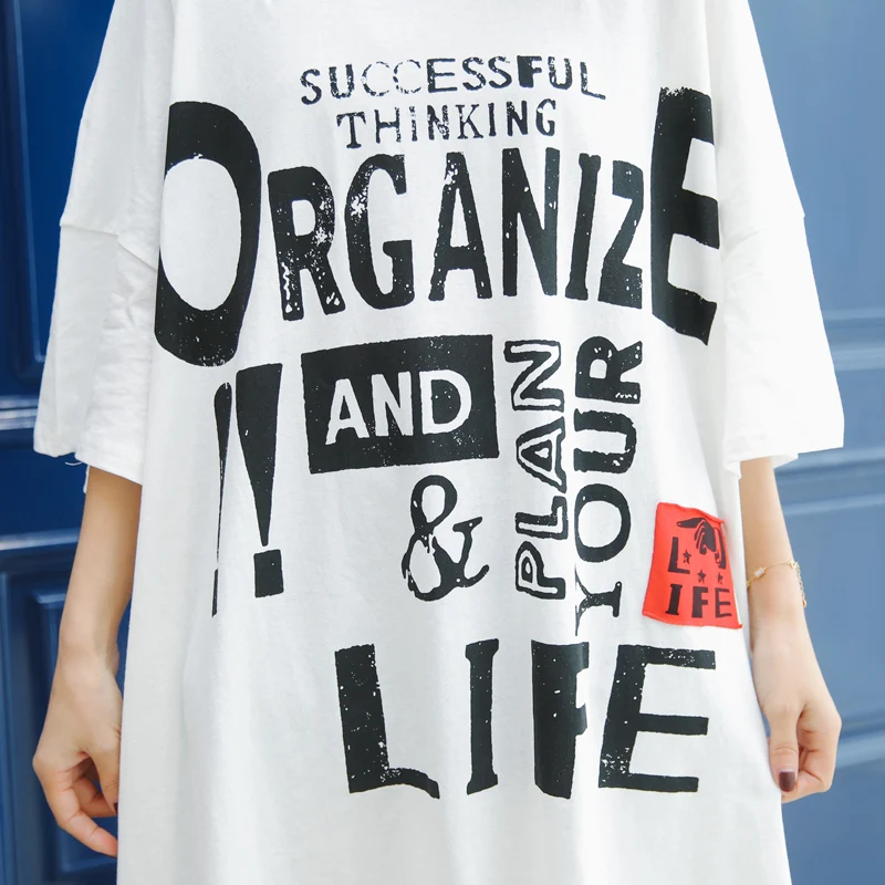 

2020 Women Fashion Summer Loose White O-Neck Short Sleeve T-Shirt Casual Tee Young Style Plus Size Cotton Letter Print Top QL29