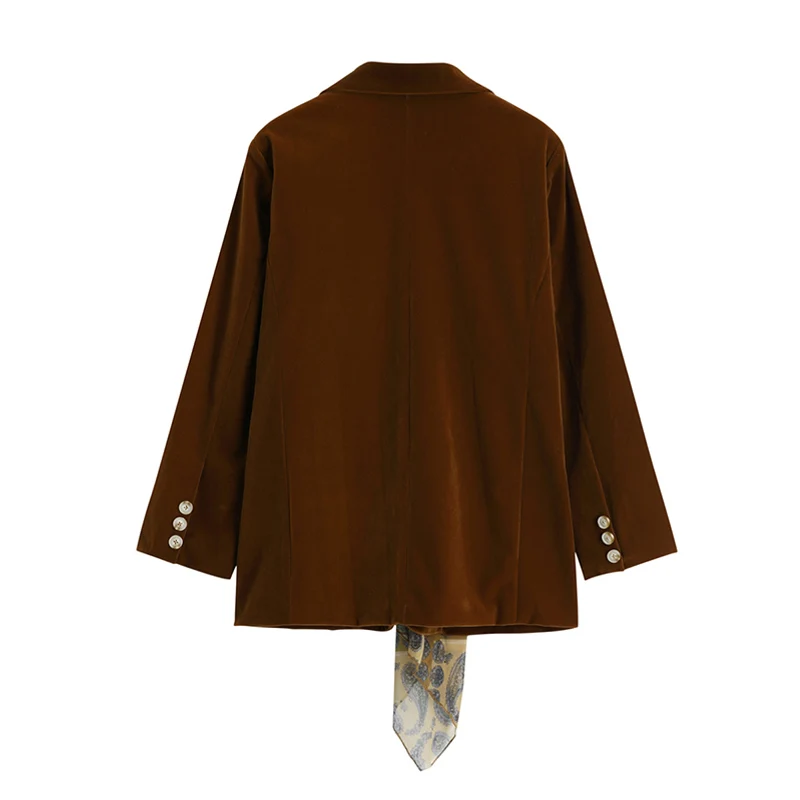 2021 Blazer Coat Women pattern Autumn Velvet Retro Shoulder Pad With Scarf Badge Loose Casual Suit Buttons Long Sleeves |