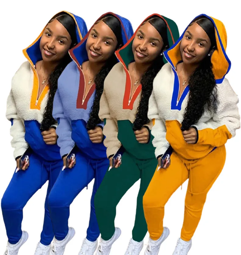 

Autumn Newest Women Hooded Sets Contrast Color Long Sleeve Stand Collar Zipper Lamb Wool Tops Drawstring Pants Tracksuits Party
