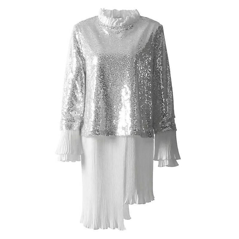 Женский пуловер с блестками TWOTWINSTYLE весенний оборками и длинными рукавами