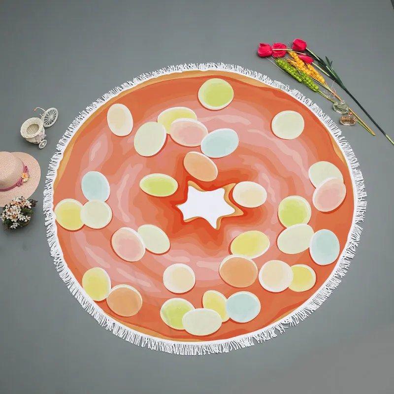 Летнее круглое пляжное полотенце с кисточками и рисунком еды пляжные покрывала