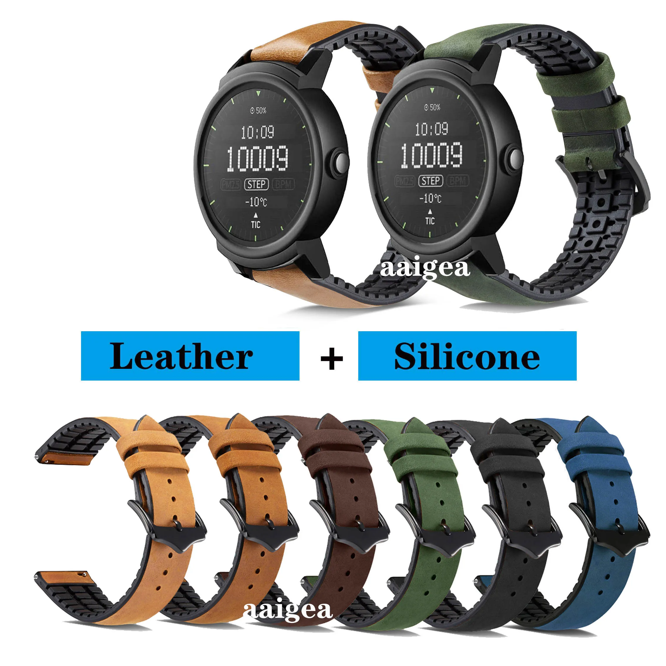 

20mm 22mm Genuine Leather Silicone Watch Strap Band for Ticwatch 2/Ticwatch E for Huami Garmin Samsung Huawei Wristband