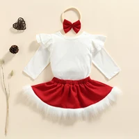 3pcs baby christmas outfit solid color long sleeve romper fluffy skirt headband for toddler girls 0 24 months