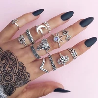 13pcsset vintage gold silver color elephant flower moon knuckle midi finger rings set for women turkish carving rings
