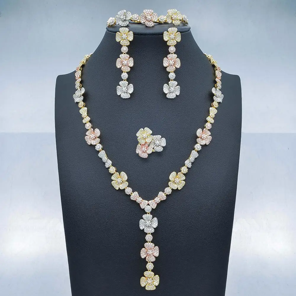 

Newness trendy Wedding Necklace Earrings For Women Accessories Flower Cubic Zirconia Bridal Jewelry Sets