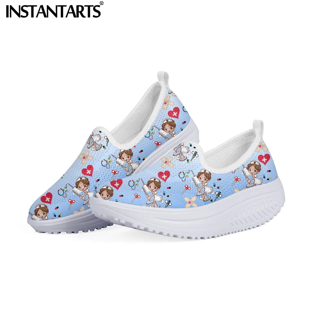 

INSTANTARTS Lovely Nurse Girls Pattern Mesh Swing Sneakers for Women Height Increasing Slip-on Flatform Shoes Comfort Zapatos