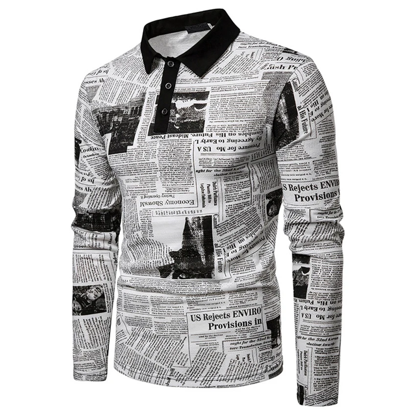 Осень 2019 Новая мужская рубашка поло модная цветная с газетным принтом Мужская