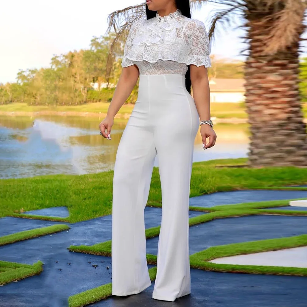 Женский кружевной комбинезон белый длинный с высокой талией элегантный офисный