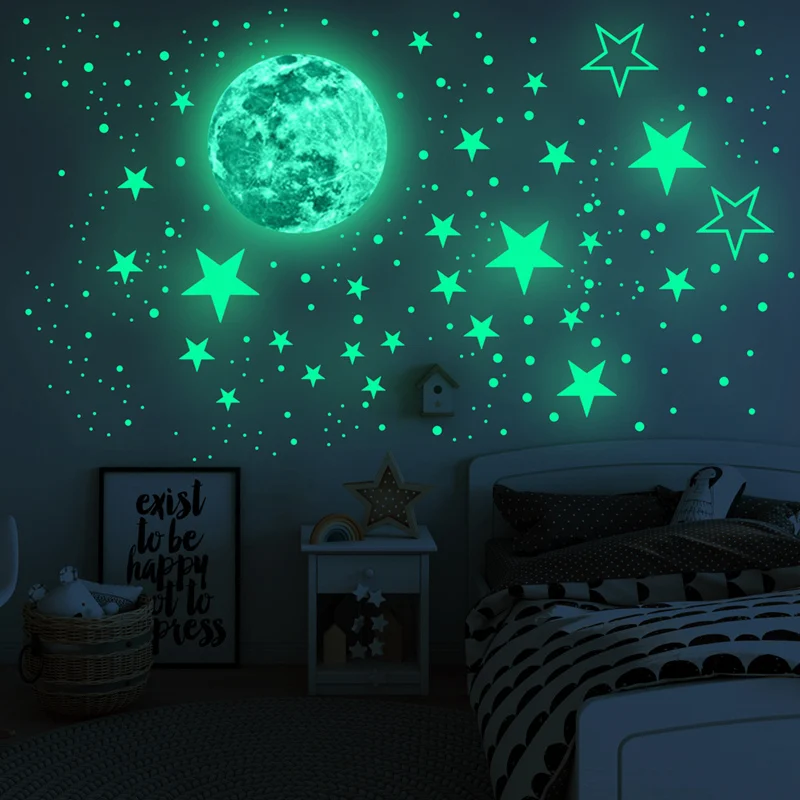 

Luminous Moon and Stars Wall Stickers Glow In The Dark Stars Sticker Decals for Kids Colorful Fluorescent Stickers Home decor