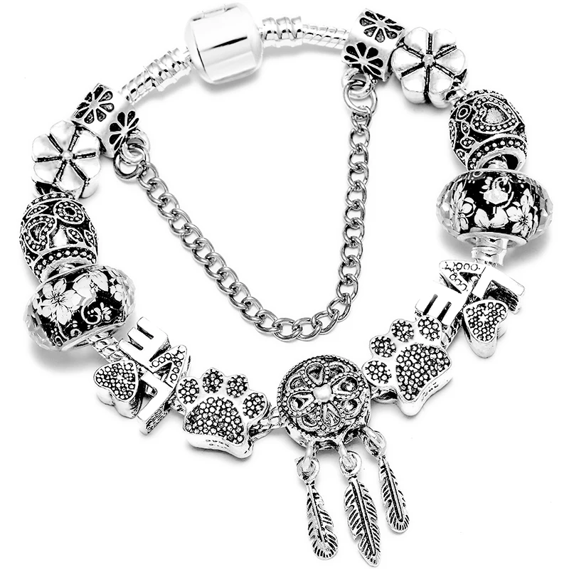 Silver SL213 925 Мода Серебряный Медведь Пальма Ловец снов перьевой браслеты для женщин мужчин Кристалл Цветы Любовь Браслет из бусин подарок - Окраска металла: Silver SL213