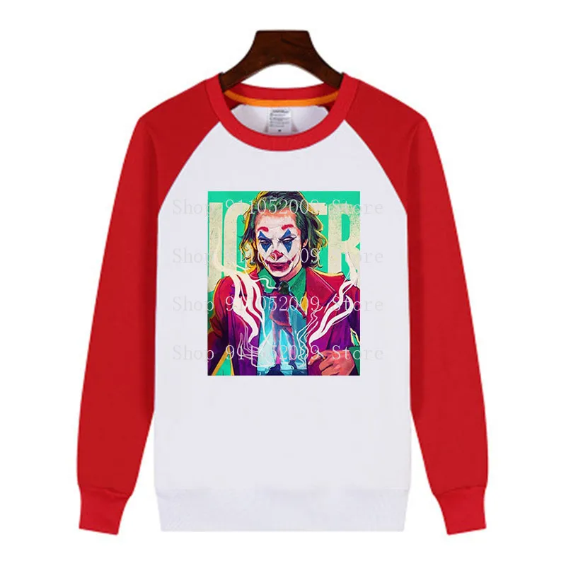 

Harajuku Aesthetics Joaquin Phoenix Joker Print Crew Neck Pullover Hoodie Women red Sleeves White Sweatshirt Variety Optional