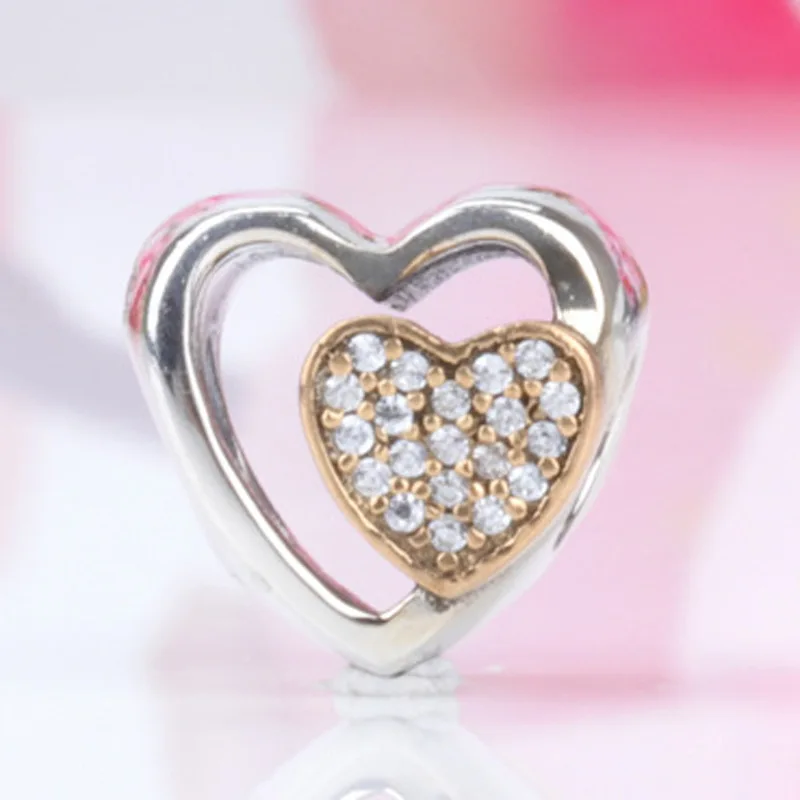 

Amas 100% Authentic 925 Sterling Silver Hollow diamond-set golden heart-shaped beads Fit Original Bracelet Necklace DIY Jewelry