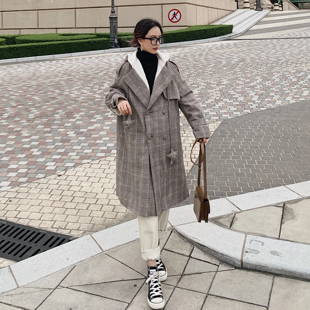 

2020 New Houndstooth Woolen Coat Women Autumn Winter Fashion Long Quality Thick Warm Cashmere Coats Female Cothes Lady N27