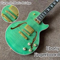 jazz electric guitar tune o matic bridge green color tiger flame maple top f holoow body jazz gitaar ebony fingerboard