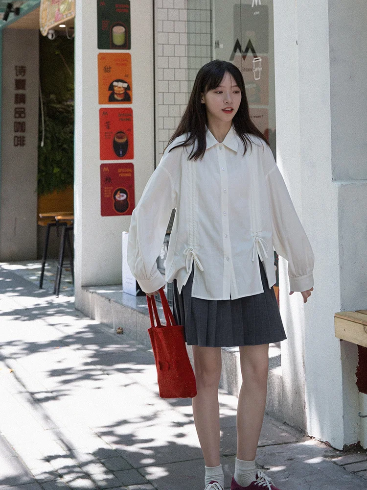 Slub Texture Drawstring Shirt Lantern Sleeve Autumn Top For Women | Женская одежда