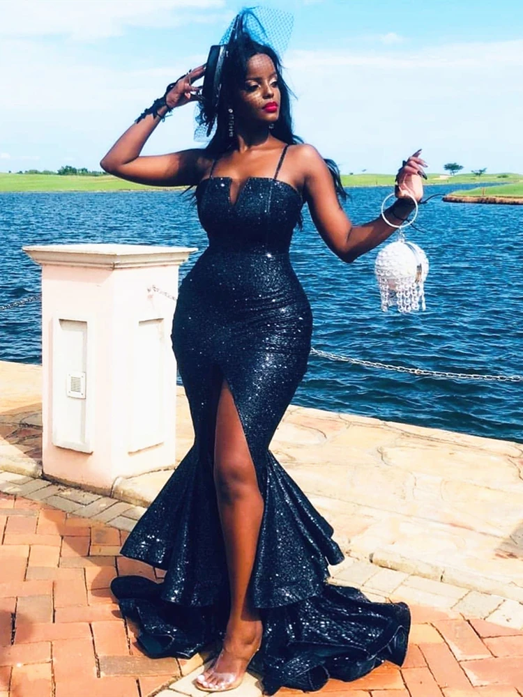 

Dark Navy Blue Sequins Sparkly Evening Dress Thigh High Slit Mermaid Long Prom Party Gowns Sexy Spaghetti Straps Bling Bling