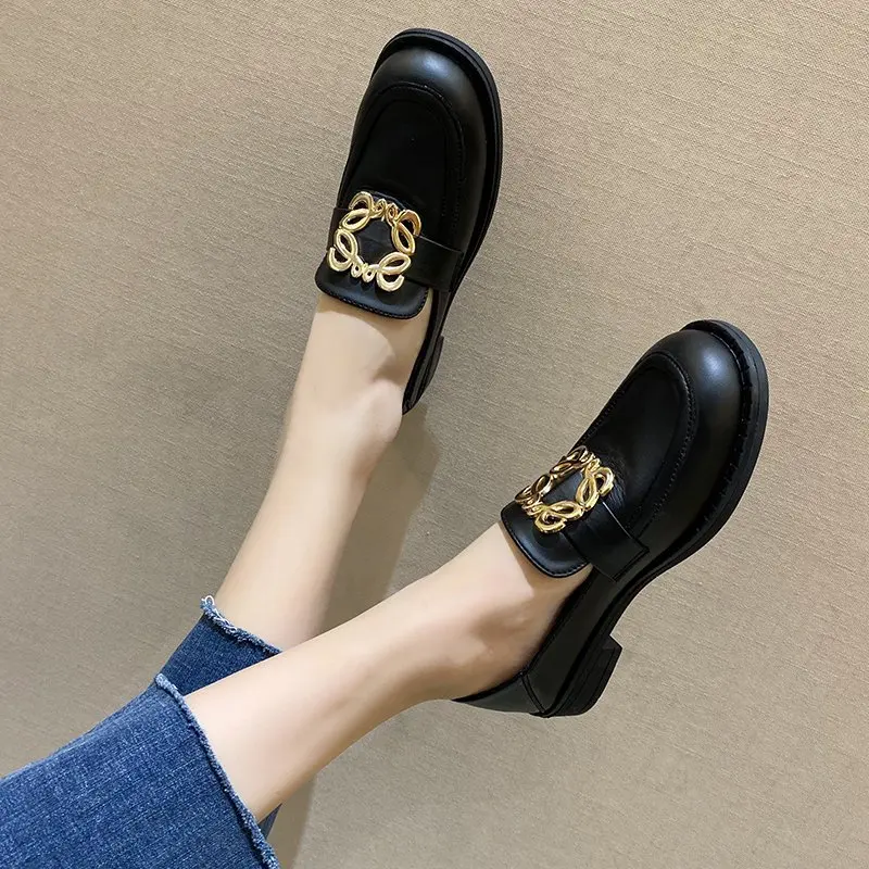 

Women Single Shoes PU Leather Chunky Heels Ladies Platform Woman Pumps Slip On 2021 Spring Metal Buckle Fashion Female Footwear