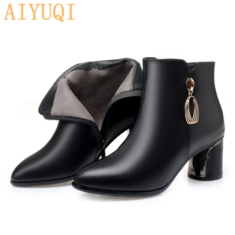Black single AIYUQI; Новинка года; зимние женские модельные ботинки из натуральной кожи; ботильоны в европейском и американском стиле на высоком каблуке; красные женские свадебные ботинки - Цвет: Black single